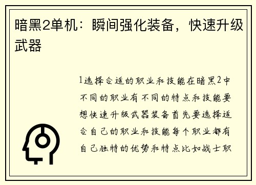 暗黑2单机：瞬间强化装备，快速升级武器